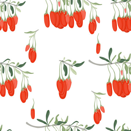 Seamless Pattern with Color Goji Berries and Twigs. Vibrant Wolfberries Branch Isolated on White Background. Ideal for Magazine, Recipe book, Poster, Cards, Menu cover, any Advertising.のイラスト素材