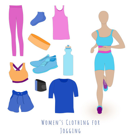 Set of Clothes for a Summer Jogging for women. Jogging women in the sport outwear running. Flat vector design.のイラスト素材