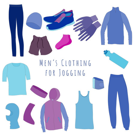 Set of Mens Clothes for a Jogging. All seasons men s sport outwear isolated. Flat vector design.のイラスト素材