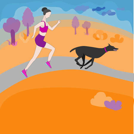 Women running with a dog in the park. Happy doberman and his owner running fast on the park alley. Outdoor sport activity with home pets. Autumn Landscape on the backdrop. Flat vector design.のイラスト素材