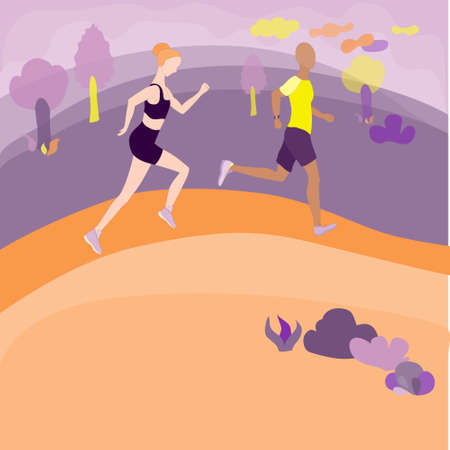 Women and Man running in the park. Enthusiastic couple running fast on the park alley. Outdoor sport activity as a part of healthy lifestyle. Surrealistic Landscape as a backdrop. Flat vector design.のイラスト素材