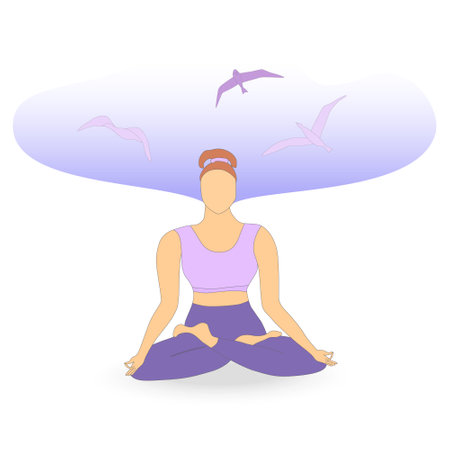 Single Women Meditating in Lotus Pose and Birdsのイラスト素材