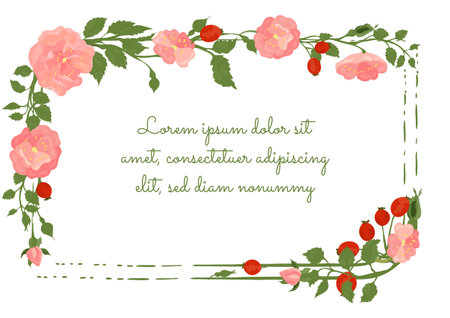 Squarish Frame Decorated by Rosa canina Plant Garland and Brush Strokes. Multicolored Desert Marigold Flower for Magazine, Recipe book, Poster, Cards, Menu cover etc.のイラスト素材