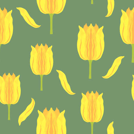 Seamless pattern with vibrant yellow and orange varietal tulips. Tulips colorful heads on the green background. Symmetrical tulip without leaves. Pattern for fabrics, print, web usage etc.のイラスト素材