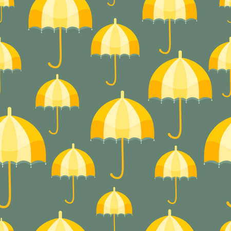 Seamless pattern with a vertically placed vintage umbrellas. Yellow umbrellas on the dark teal background. Design element for web and print usage.のイラスト素材