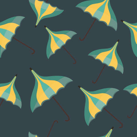 Seamless pattern with a flying chaotically umbrellas. Yellow and turquoise umbrellas on the dark blue background. Design element for web and print usage.のイラスト素材