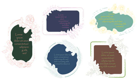 Five differently shaped frames with Curved Substrate and Outlined Herbals. Hand Drawn Leaves and Flowers of Gancao, Calendual, Rosa Canina, Dong Quai and Huang Qi. Traditional Medicine vectorのイラスト素材