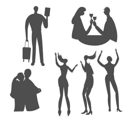 Black Icons of a people celebrating life. Couple having dinner at restaurant, man with a suitcase and a passport in hand, parties with friends and hugs with the dearest people.のイラスト素材