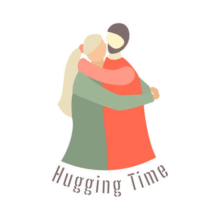 A Man and a women hugging each other. Flat vector illustration with inscription Hugging time under picture. Isolated on white background flat illustration.のイラスト素材