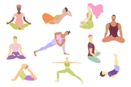Set with men, women and kids doing asanas. Men and women in a front and back view lotus and other asanas. Colored flat vector illustration. No outlines.のイラスト素材
