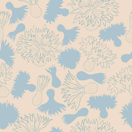 Seamless vector floral pattern with cornflower heads. Isolated color and contour flowers. For easy making seamless pattern just drag all groups into swatches bar, and use it for filling any shape.のイラスト素材