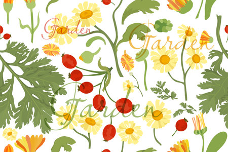 Seamless pattern with hand drawn garden flowersのイラスト素材