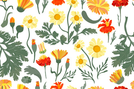 Seamless pattern with hand drawn garden flowersのイラスト素材