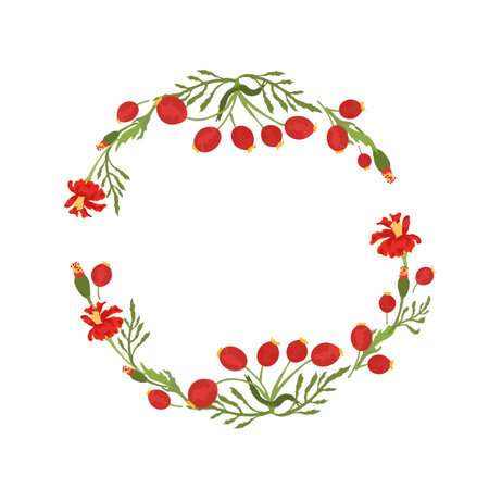 Isolated wreath with hand drawn garden flowersのイラスト素材