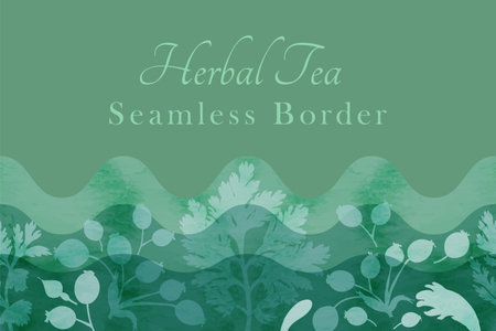 A seamless border was made in silhouette and placed horizontally on a greenish background. The border is made from Calendula, Feverfew, and Dog rose and decorated with watercolor texture.のイラスト素材