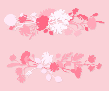 Two horizontal garlands made from plant parts with flowers, leaves, and fruits. Colored composition with light shadows. Flower border in a vintage style for blogs, posters, and any web or print usage.のイラスト素材