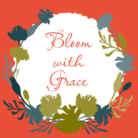 Floral vector card or poster with Marigold parts arranged as a semicircle. White circle paper sheet with wavy edges on the colored background. Vector garden illustration, poster, card, etc.のイラスト素材