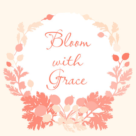 Floral vector card or poster with Dog rose and Daisy parts arranged as a semicircle. White circle paper sheet with wavy edges on the colored background. Vector garden illustration, poster, card, etc.のイラスト素材