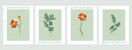 Four vector minimalistic banners with plant parts of the common garden flowers. Fully colored flowers on the colored background. Illustrations for greeting cards, invitations, interior design, etc.のイラスト素材