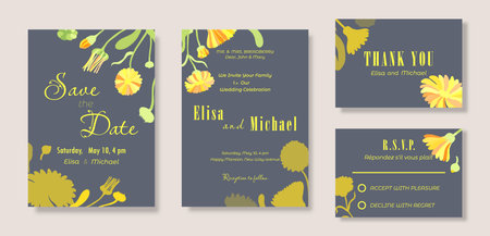 Floral template in a set of four sheets for the wedding celebration party. Delicate hand-drawn flowers on plain backgrounds. Elegant cards for any celebration party.のイラスト素材