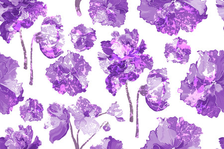 A seamless pattern with coloured African violet flowers isolated on the white background. The pattern has an aged or withered effect due to the leaf texture that is placed above.のイラスト素材