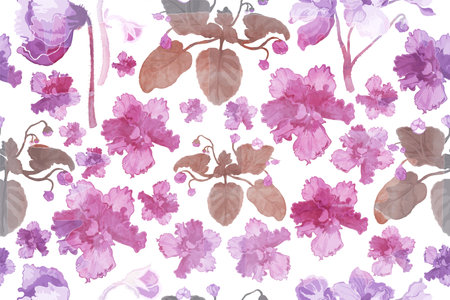 Seamless pattern with African violet flowers are isolated on the white background. Hand-drawn parts of the violets with beautifully aged effect due to watercolor texture placed above.のイラスト素材