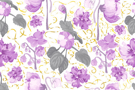 A Seamless pattern with colorful African violet flowers isolated on the white background. Golden textured shapes with the aged effect placed around the flowers.のイラスト素材