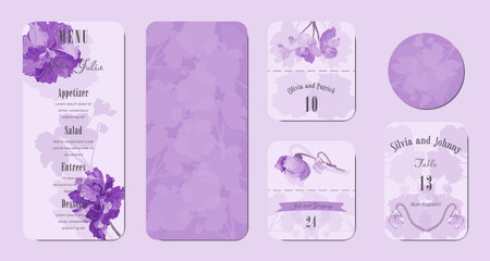 Universal hand-drawn floral templates in warm colors are perfect for an autumn or summer wedding, birthday invitations, menu, and baby shower. Vector illustration.のイラスト素材