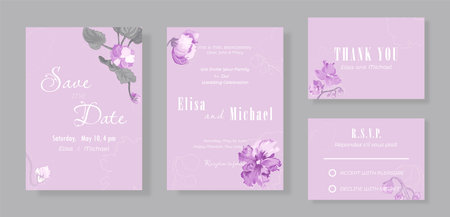 Floral template in a set of four sheets for the wedding celebration party. Delicate hand-drawn African violets and their contour on plain backgrounds. Elegant cards for any celebration party.のイラスト素材