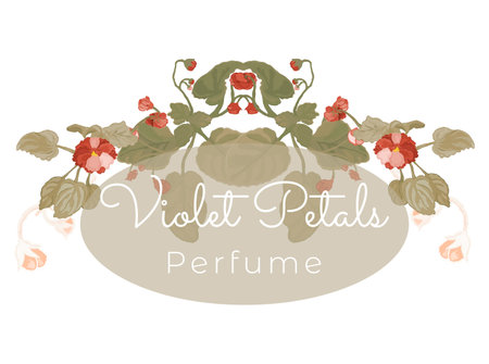 Floral composition from hand-drawn houseplants made as a prolonged, slightly arched-down bouquet or border. Delicate African violets for cosmetic products. Sample text for floral product label.のイラスト素材