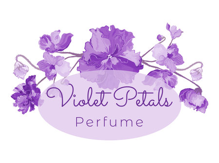 Floral composition from hand-drawn houseplants made as a prolonged, slightly arched-down bouquet or border. Delicate African violets for cosmetic products. Sample text for floral product label.のイラスト素材