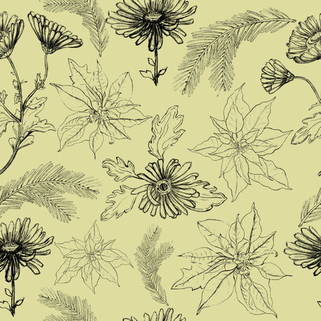 Seamless Pattern with Poinsettia and Fir Branchesの写真素材