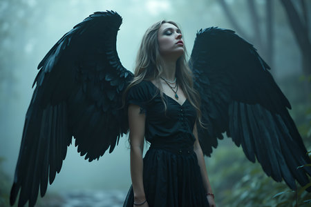 Dark Fallen Angel with Black Wings in Dim Lightの素材