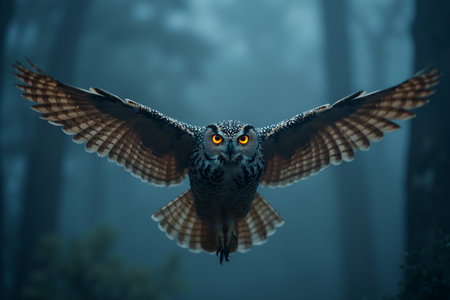 Owl Flying Through Night Fog with Glowing Eyesの素材