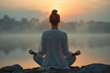 Woman Meditating by Calm Lake at Dawn with Misty Reflectionの素材