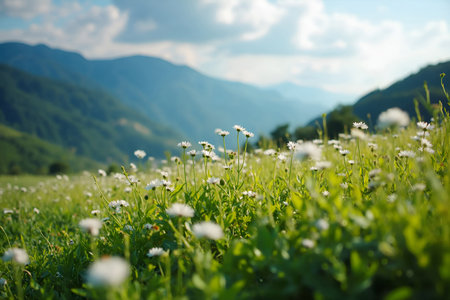 Lush Green Meadow and Mountain Landscape under Blue Skyの素材