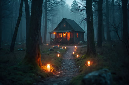 Path of Candles in Dark Forest Leading to Wooden Cabinの素材