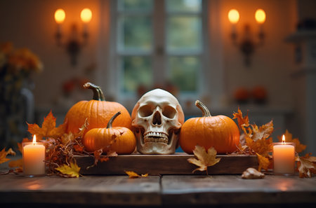 Halloween Still Life with Pumpkins, Skull, and Autumn Leavesの素材