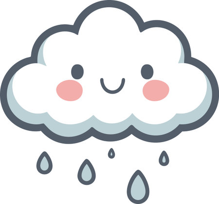 Flat cartoon cloud with pastel raindrops and soft colors, designed for minimal and cute projects, nursery themes, or childrenâs designs.のイラスト素材