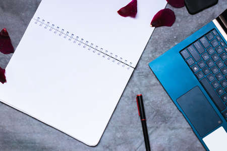 Flat-lay open note book on a white background with a mobile and pen.