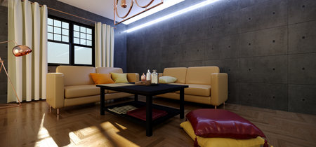 Realistic Modern Cozy Living Room With Sofa And Neon Fluorescent Blue Light Line On Industrial...