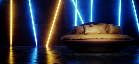 Futuristic Neon Fluorescent Tube Light Glowing Yellow Blue Vibrant Night Club With  Comfortable...