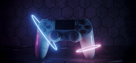 Sci Fi Future Gaming Joystick Neon Laser Circles Glowing Purple Blue On Concrete Tiled Floor...
