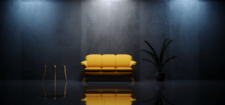 Modern Elegant Minimalist Background Dark Spotlights Blue White Concrete Rough Empty Room With Sofa...