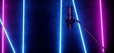 High Tech Futuristic Modern Tube Neon Fluorescent Glowing Showcase Performance Guitar Podcast Microphone Play Sing Cement Concrete Tiled Floor Spotlight 3d Rendering Illustrationの写真素材