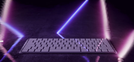 Sci Fi Futuristic Keyboard Neon Laser Glowing Gaming Room Light Showcase Closeup Reflective Ground...