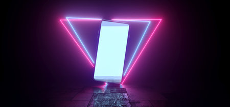 Sci Fi Futuristic Neon Laser Smart Phone  Showcase Studio On Grunge Cement Concrete Floor Dark Tunnel Corridor Purple Blue Triangles Lights 3D Rendering illustrationの写真素材