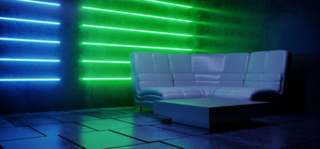 Sci Fi Dance Club Stage Chairs Sofa White LEather Classy Glowing Neon Laser Lights Blue GReen Underground Night Dark Futuristic Concrete Floor GLossy 3D Rendering Illustrationの写真素材