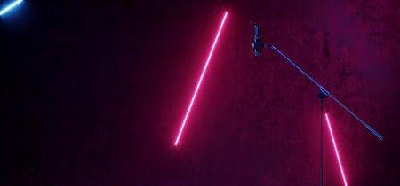 Club Retro Futuristic Modern Tube Blue Red Purple Neon Fluorescent Glowing Showcase Show Performance Podcast Microphone Play Sing Cement Concrete Spotlight  3d Rendering illustrationの写真素材
