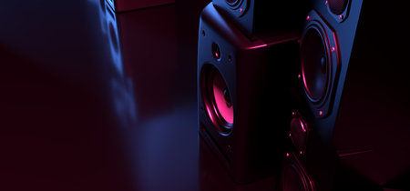 Neon Glowing Purple Blue Performance Music Studio Vibrant Electric Synthwave Club Loud Speakers Show Event Empty Room Shiny Stage Poidum Concert 3D Rendering Illustrationの写真素材